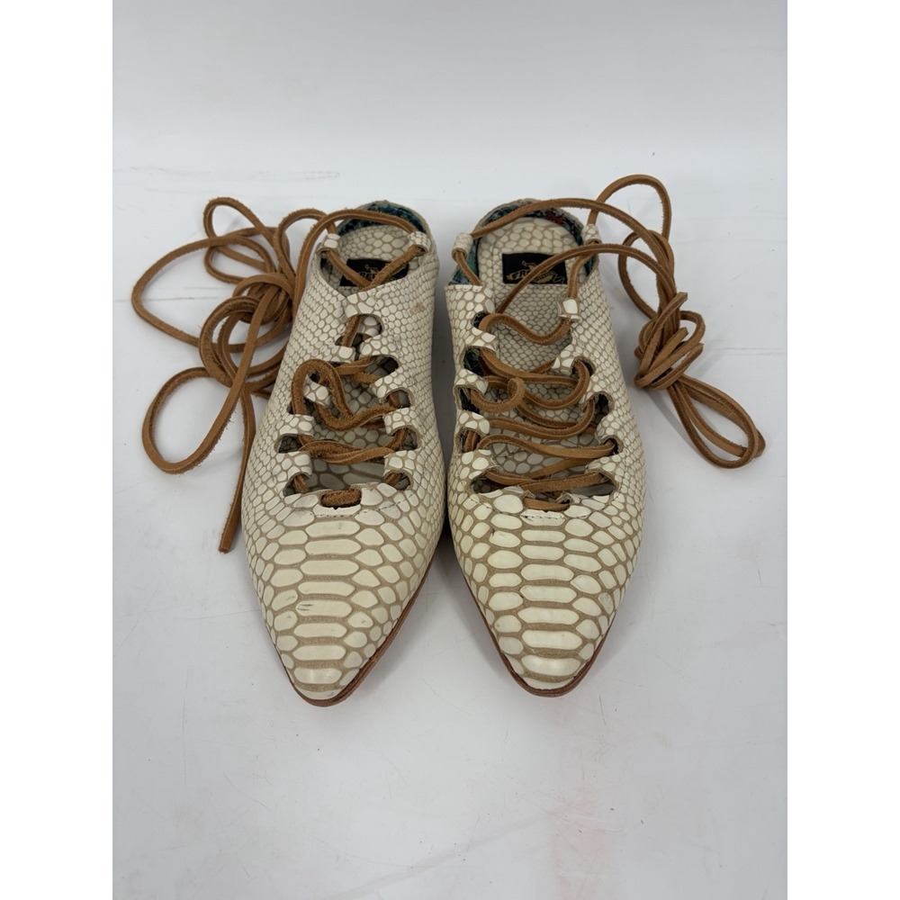 Freebird Enya Flats Women 9 Cream Leather Wrap Lace Boho Pointed Toe Croc Print